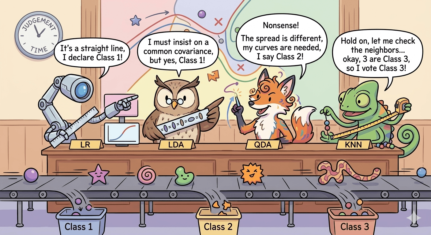 Linear vs Nonlinear Classifiers: Logistic Regression, LDA, QDA & KNN Compared