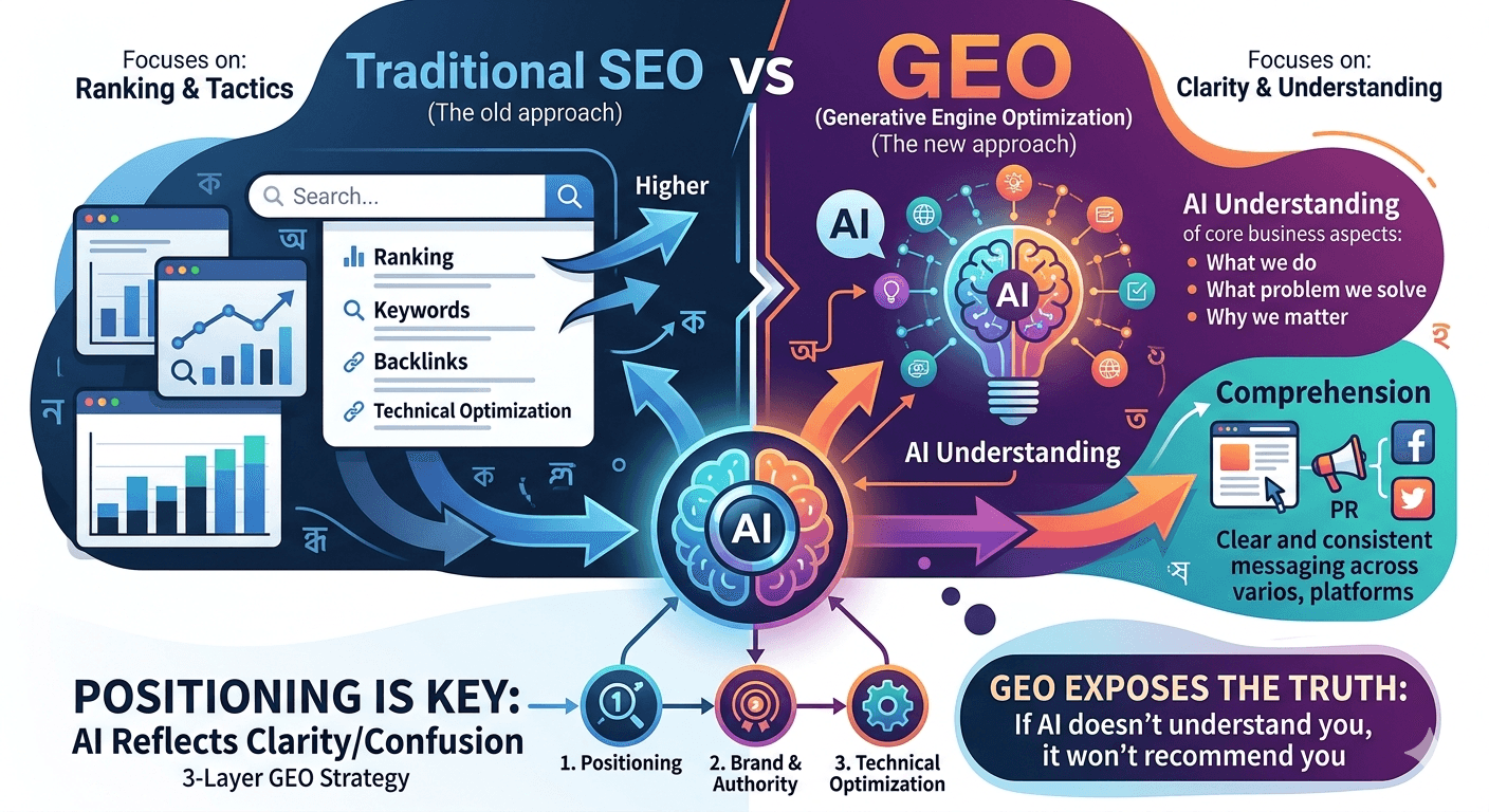 GEO vs SEO — Why Generative Engine Optimization Is About Positioning, Not Rankings