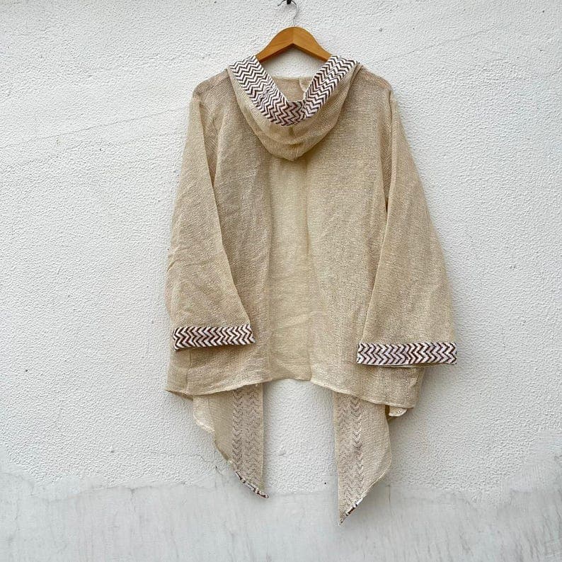 Cotton Hooded Shrug Boho Kimono Jacket, Block Print Kaftan Cover Up, Lightweight Festival Jacket…