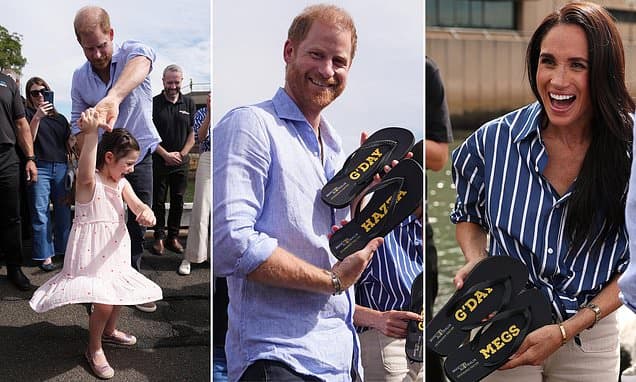 Prince Harry sweetly twirls young fan around before accepting customised 'Hazza' and 'Megs' flip-flops as he and Meghan conclude their quasi-royal Australia tour in Sydney