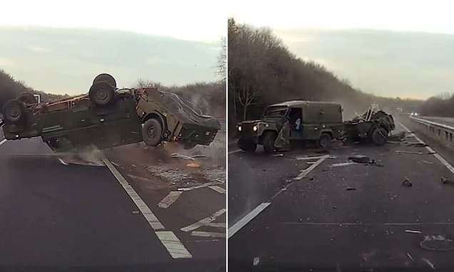 Moment military Land Rover flips into the air and throws driver out of his vehicle after he was forced to swerve out the way of reckless motorist