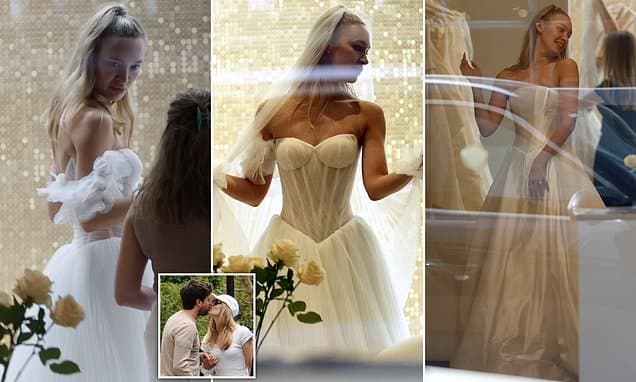 Jack Whitehall's fiancée Roxy Horner looks every inch the blushing bride as she tries on multiple wedding gowns ahead of the big day