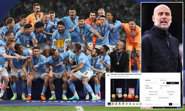 Is someone at Man City selling off their Treble-winners' medals? Mystery as FULL SET from club's iconic season set for auction - with collection expected to fetch £80,000
