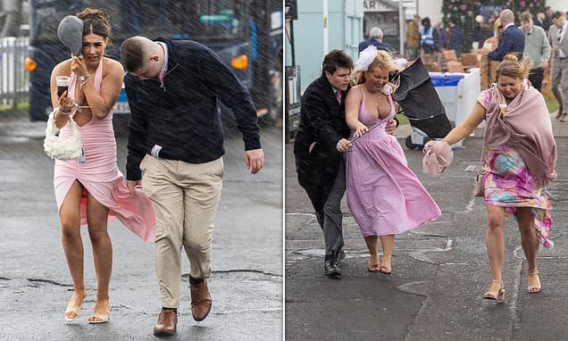 No raining on their parade! Glamorous Ladies Day revellers at the Scottish Grand National brave the wet weather in thigh-skimming outfits and plunging dresses as the festival gets off to a blustery start