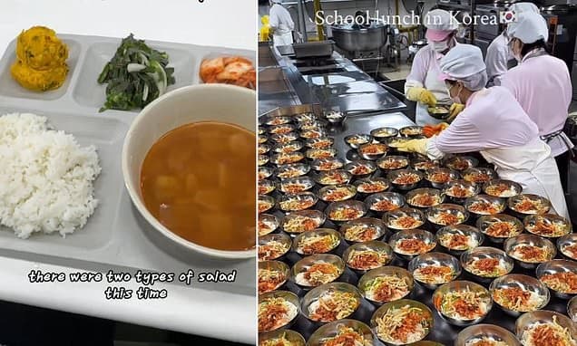 No chicken nuggets here! Impressive South Korean school dinners complete with SIX nutritionist-approved courses are revealed - and it's all finished with a bow to the dinner lady