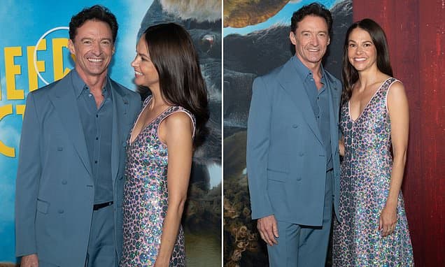 Hugh Jackman and Sutton Foster have the look of love as they cozy up at Sheep Detectives premiere