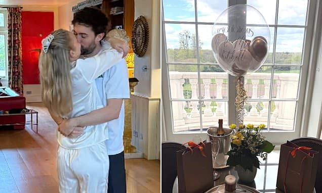 Jack Whitehall gives a glimpse of newlywed life as he celebrates marrying Roxy Horner with gifts, champagne, chocolate and balloons at Prince Harry's favourite country hotel