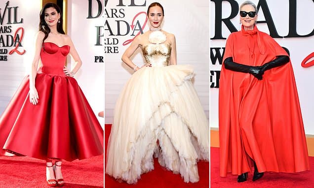 Anne Hathaway stuns in fiery red gown as she joins Meryl Streep and Emily Blunt at star-studded Devil Wears Prada 2 premiere in NY