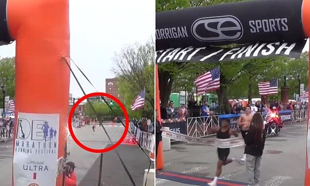 Humiliating moment runner celebrates winning marathon... only to be pipped at the line by rival in brutal finish