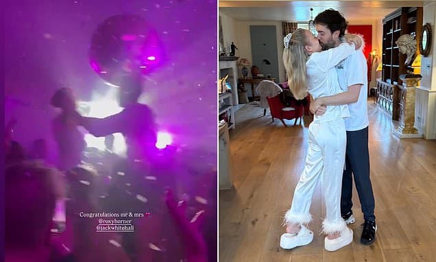 Introducing Mr and Mrs Whitehall! Jack and model wife Roxy Horner climb on guests' shoulders as they party the night away in first photos from inside their lavish wedding