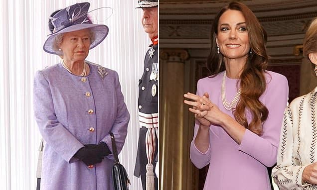 In honour of the Queen's (purple!) reign: Kate mirrors late monarch's colourful wardrobe and wears her pearl earrings and necklace