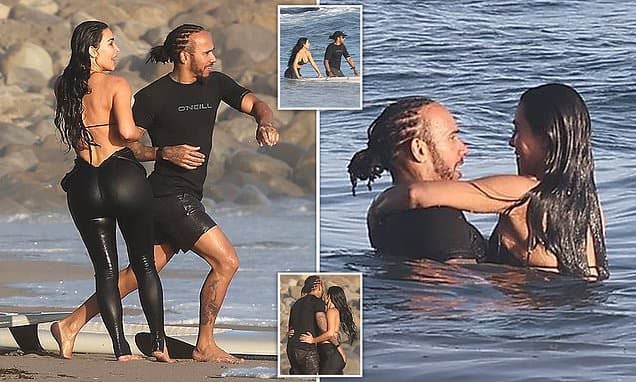 Lewis Hamilton gropes Kim Kardashian as they make-out in the ocean after going public with romance