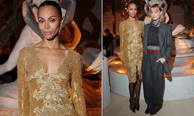 Zoe Saldana turns heads in a plunging gold lace dress as she joins stylish Margot Robbie at an event in Milan