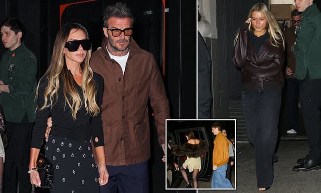 Harper goes Posh! Beckham girl, 14, mirrors her mother's new 'bronde' dye job as she joins her famous family for dinner at upmarket New York eatery - but leaves her designer bags at home this time
