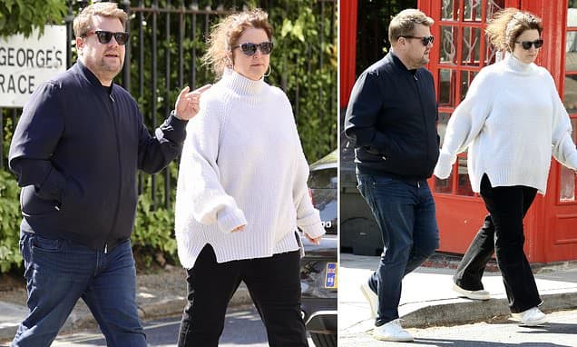 Smithy and Nessa reunite! Gavin and Stacey's on-screen lovers James Corden and Ruth Jones enjoy lunch together near Primrose Hill