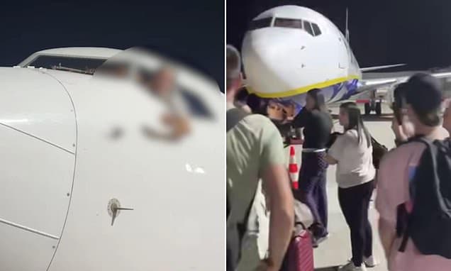 Moment dozens of enraged Ryanair passengers storm tarmac to prevent jet from taking off after they were held up by border control chaos at French airport