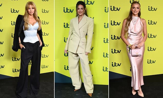 Olivia Attwood turns heads in a blue corset as she joins glamorous Michelle Keegan and Princess Andre at the ITV showcase in London
