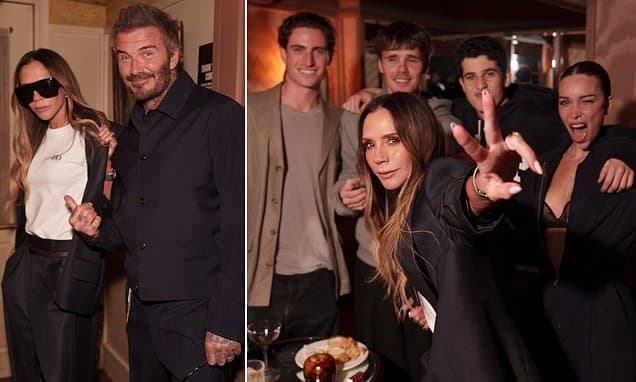 Victoria Beckham flashes the Spice Girl's signature pout and peace sign as she's supported by her husband David and children at her GAP launch - but Brooklyn continues to stay away