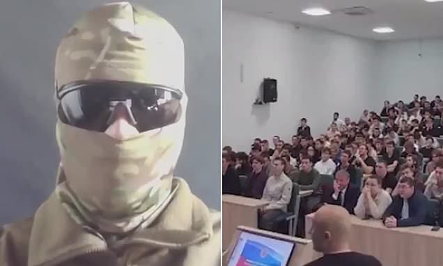 Moment Ukrainian soldier tells Russian students 'I will have to kill you all' if they sign up for Putin's war after infiltrating university recruitment drive