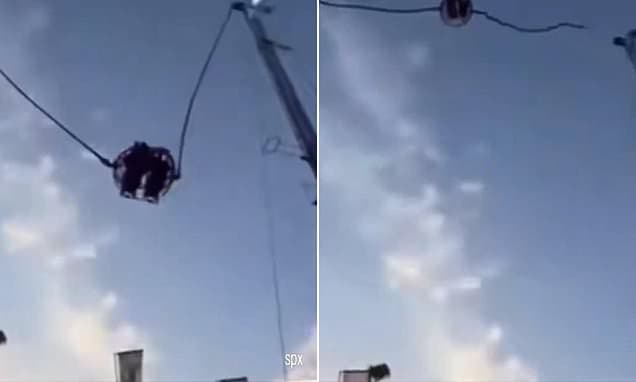 Moment fairground ride's cable SNAPS sending thrill-seekers smashing towards the ground in Spain