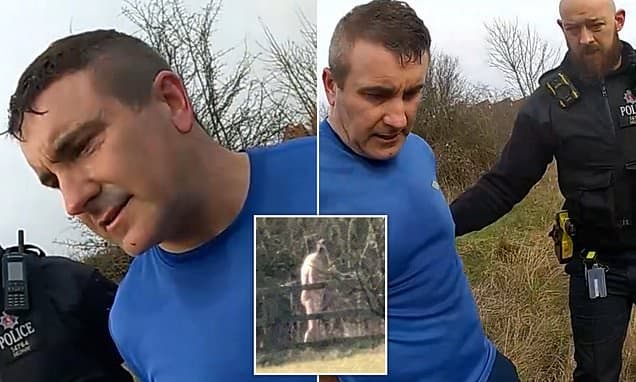 Moment police sergeant is arrested after being spotted naked and masturbating near children's play area - as he is handed sexual risk order