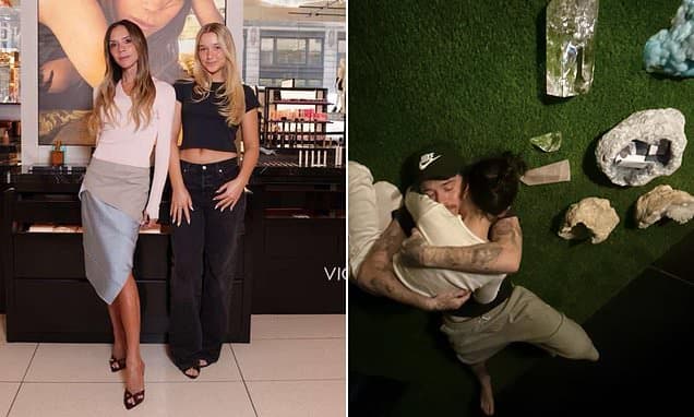 Harper Beckham, 14, joins mum Victoria on a work trip in New York - as Brooklyn embraces wife Nicola Peltz during crystal healing practice in LA amid ongoing family feud