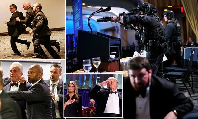 Chaos as Trump and Melania rushed out of White House Correspondents' Dinner after gunman opens fire and guests dive under tables for cover