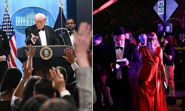 Trump's striking plea to Americans as he addressed shellshocked reporters still wearing their ball gowns only moments after 'traumatic' attack