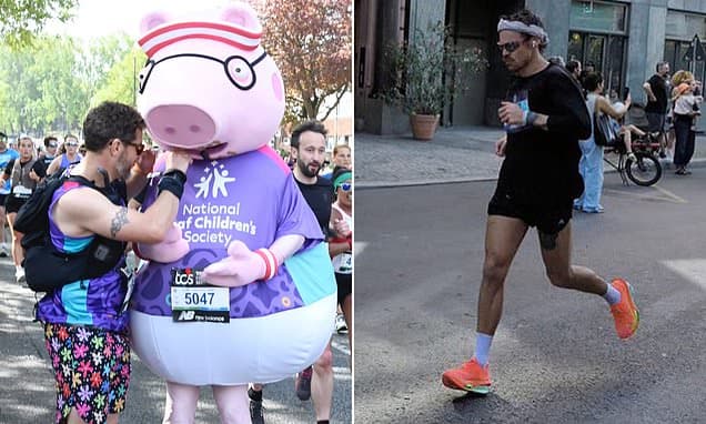 A Sign Of The Swine? Harry Styles fans convinced star is running the London Marathon disguised as Daddy Pig due to 'telltale clue' - as Joe Wicks is forced to address the rumours