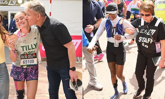 Gordon Ramsay gives his daughter Tilly a congratulatory kiss on the cheek while Cynthia Erivo is helped by a member of staff as they lead stars finishing the London marathon