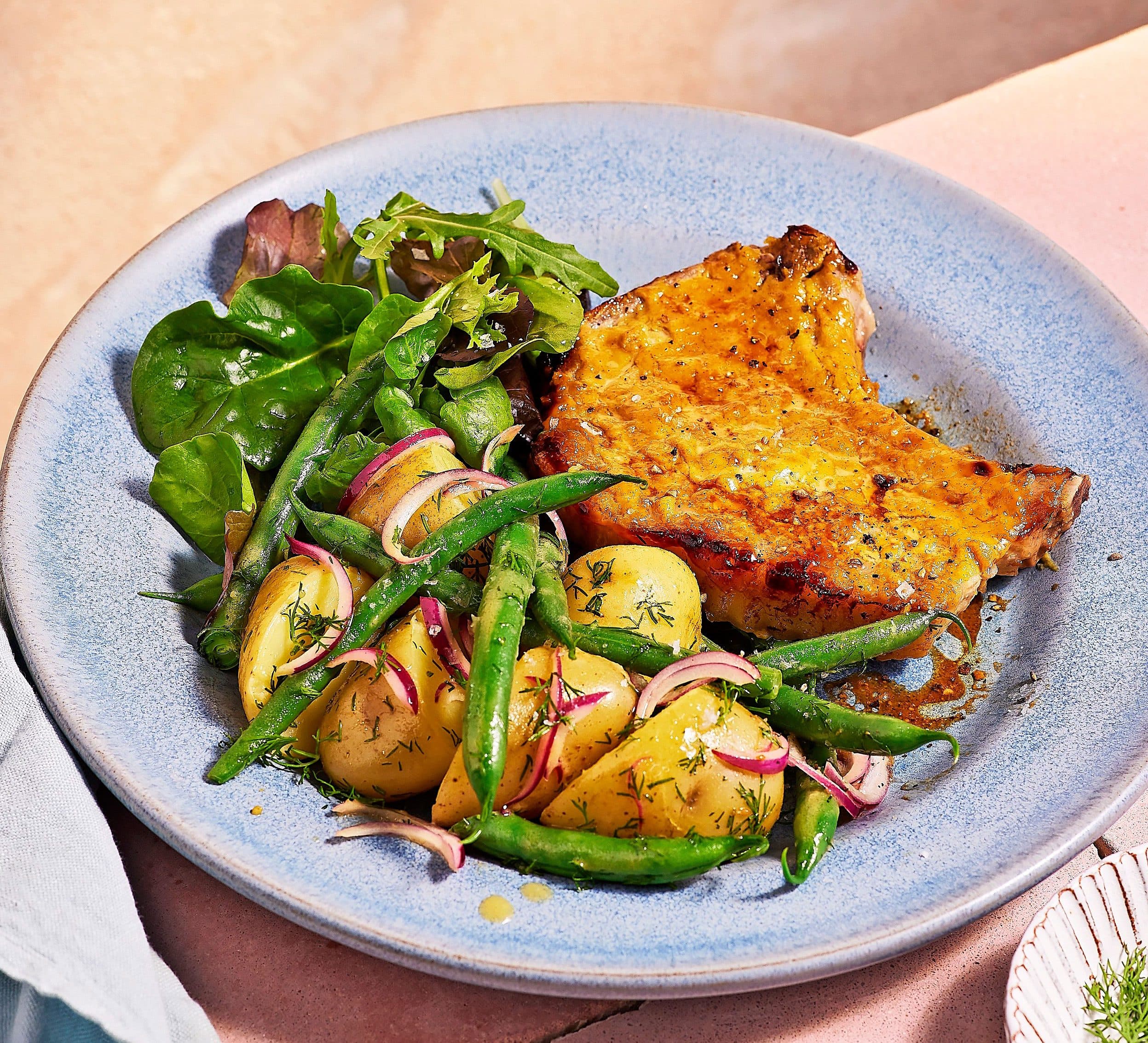 Maple & mustard glazed pork chops with green bean & potato salad