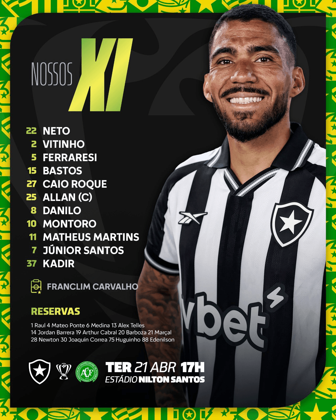 📋 Botafogo and Chape line-ups named for Copa do Brasil first leg