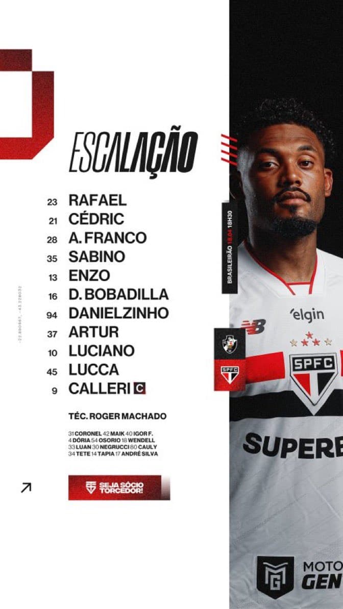 Vasco and São Paulo announce line-ups for the 12th round of the Brasileirão