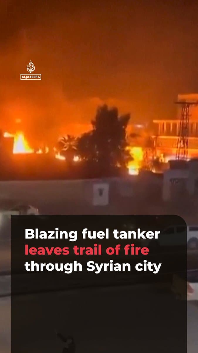 A fuel tanker engulfed in flames drove through Syria's Hasakah, leaving a trail of fire through the city’s streets. The truck caught fire at a fuel station. Video shows the tanker heading towards a fire station. Seven people were injured and multiple vehicles destroyed. pic.