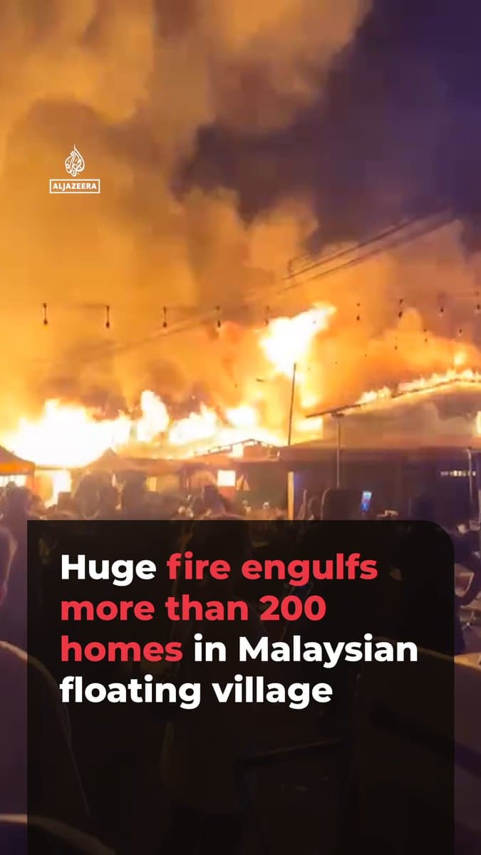 A huge fire tore through the floating village of Kampung Bahagia in Sabah, Malaysia, destroying more than 200 homes and leaving over 400 people displaced. The blaze spread quickly overnight because of strong winds and tightly packed wooden houses. pic.