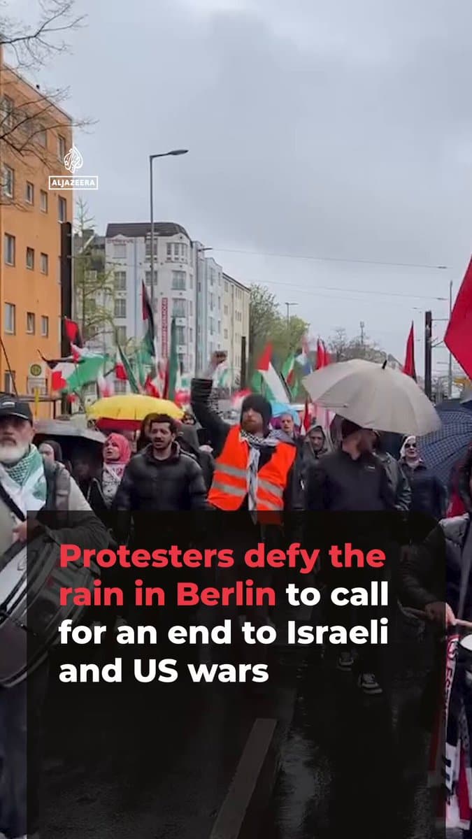Despite pouring rain, hundreds of people protested in Berlin against the US-Israeli aggression on Iran, and Israel's attacks on Gaza, as well as its war and invasion of Lebanon. pic.