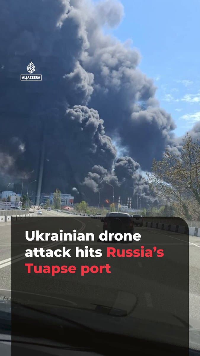 RT by @AJEnglish: Plumes of black smoke were seen after Ukrainian drones targeted Russia’s Black Sea port of Tuapse. At least one person was killed. The strike was the second attack on the port in three days. pic.