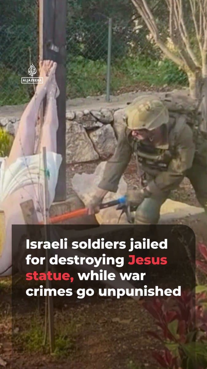Israel's military has sent two soldiers to jail for 30 days for destroying a statue of Jesus and documenting it in Lebanon. The swift punishment for vandalism has caused critics to ask why bombings, land theft on civilians don't get the same response. Nida Ibrahim reports. pic.