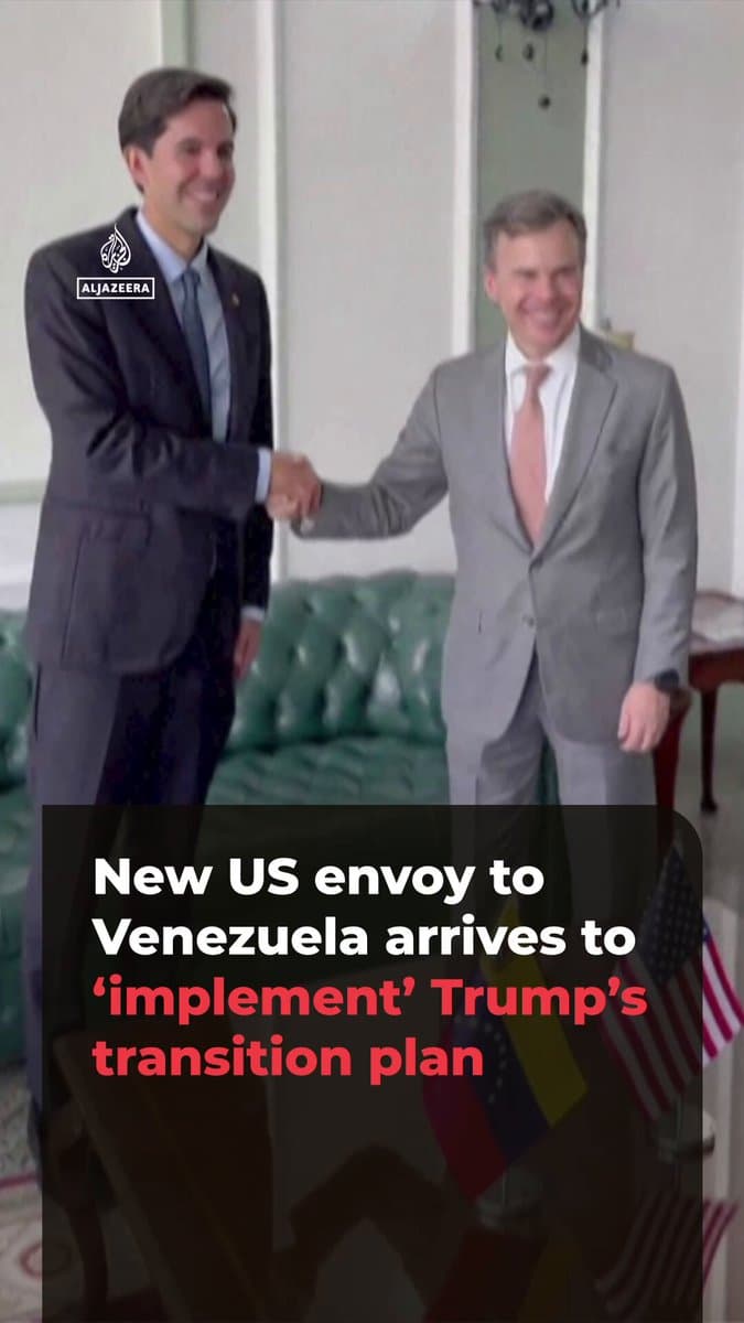 Video published by the US Embassy in Venezuela shows the new chargé d’affaires John Barrett arriving in Caracas, where he says he will ‘continue implementing’ the Trump administration’s ‘transition plan’ for the country. The US abducted President Nicolás Maduro in January.