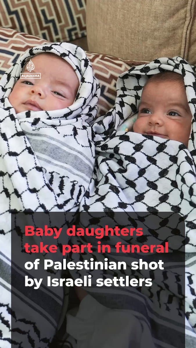 Palestinians gathered in the occupied West Bank to bury Odeh Awawdeh, a 25-year-old father shot dead by Israeli settlers while helping shepherds under attack near Ramallah. His two-month-old twin daughters were brought to his funeral to help bid farewell. pic.