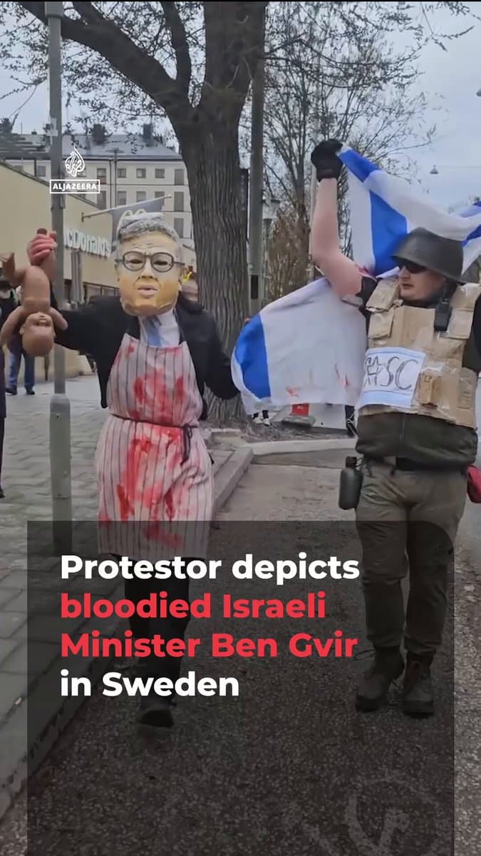 Activists organised a protest in solidarity with Palestine on Saturday in Stockholm, Sweden. They were seen depicting far-right Israeli minister Itamar Ben-Gvir covered in blood, holding a toy representing a child’s body, alongside a soldier raising the Israeli flag. pic.