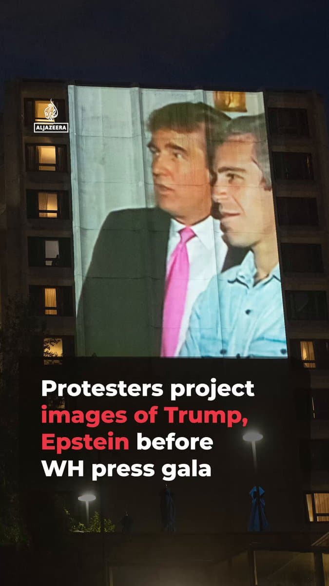 Photos of Jeffrey Epstein and US President Trump were projected onto the hotel hosting this year’s White House Correspondents' Dinner. It’s Trump’s first time attending, after previously boycotting the event. pic.