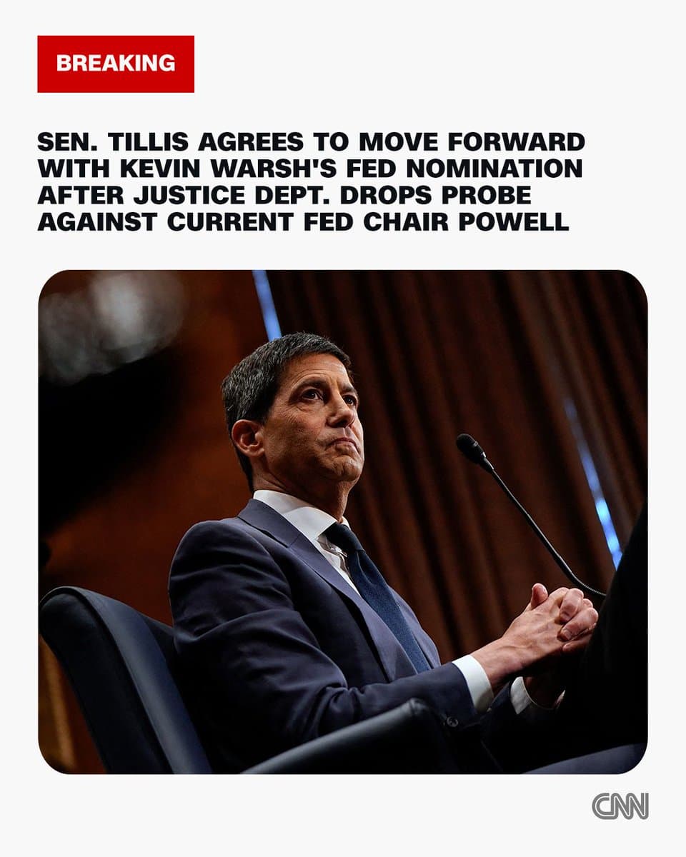 Sen. Thom Tillis agrees to move forward with Kevin Warsh's Fed nomination after Justice Department drops probe against current Fed chair Jerome Powell. pic.
