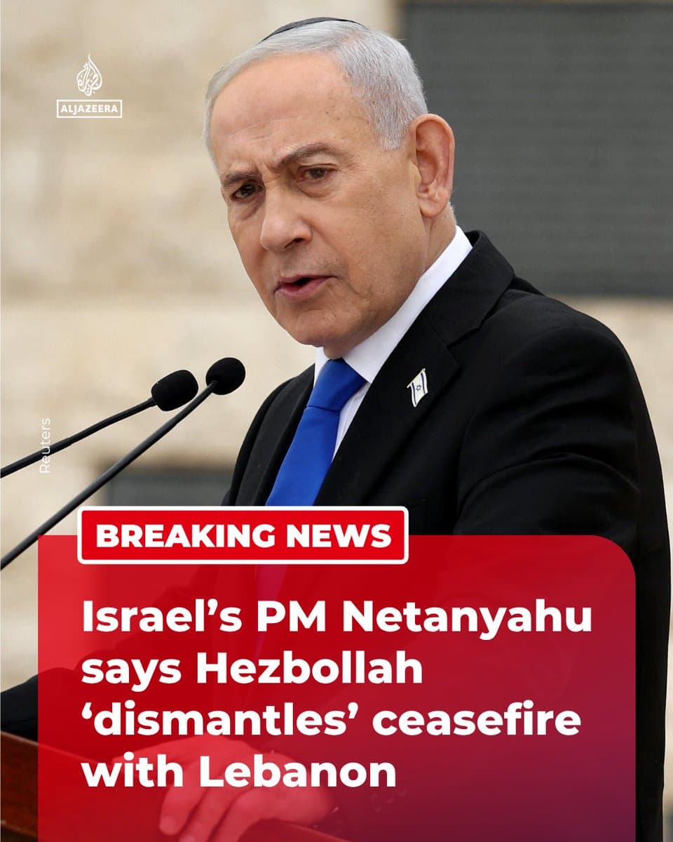 BREAKING: Israeli PM Benjamin Netanyahu said Hezbollah’s actions are 'dismantling' the ceasefire with Lebanon during his weekly cabinet meeting. 🔴 Follow for more pic.