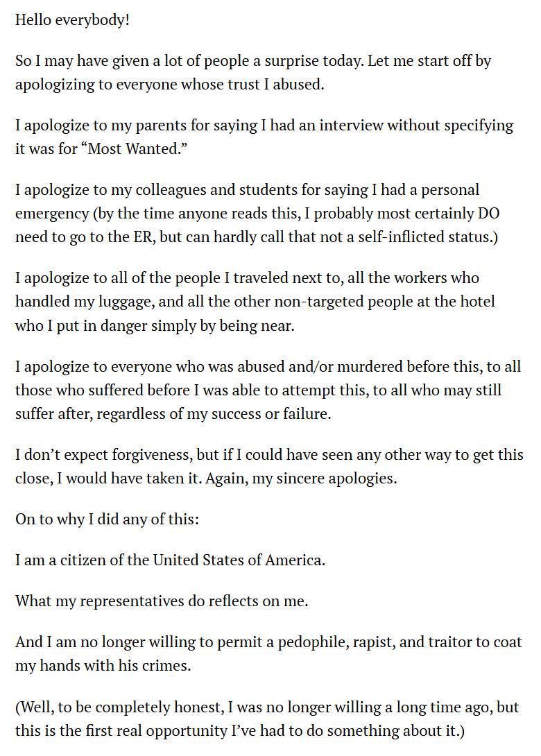 NEW: Cole Allen wrote a manifesto saying he was targeting Trump officials: "I am no longer willing to permit a pedophile, rapist, and traitor to coat my hands with his crimes." pic.