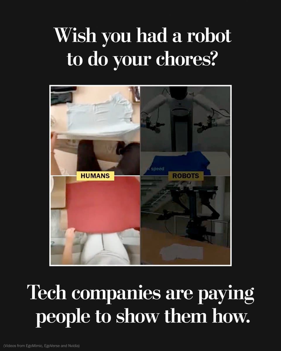 Silicon Valley’s next big leap may be built on videos of people folding laundry. Start-ups and entrepreneurs are trying to make robots smart enough to help with chores around the house. But adapting AI to new tasks requires examples. pic.