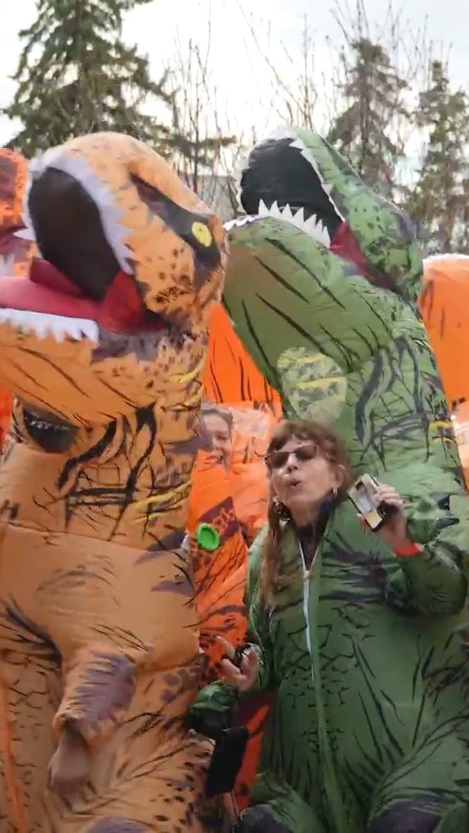 The University of Calgary celebrated its 60th anniversary on Saturday, April 11, by breaking the Guinness World Record for the largest gathering of people dressed in dinosaur costumes, according to a statement from the school. pic.