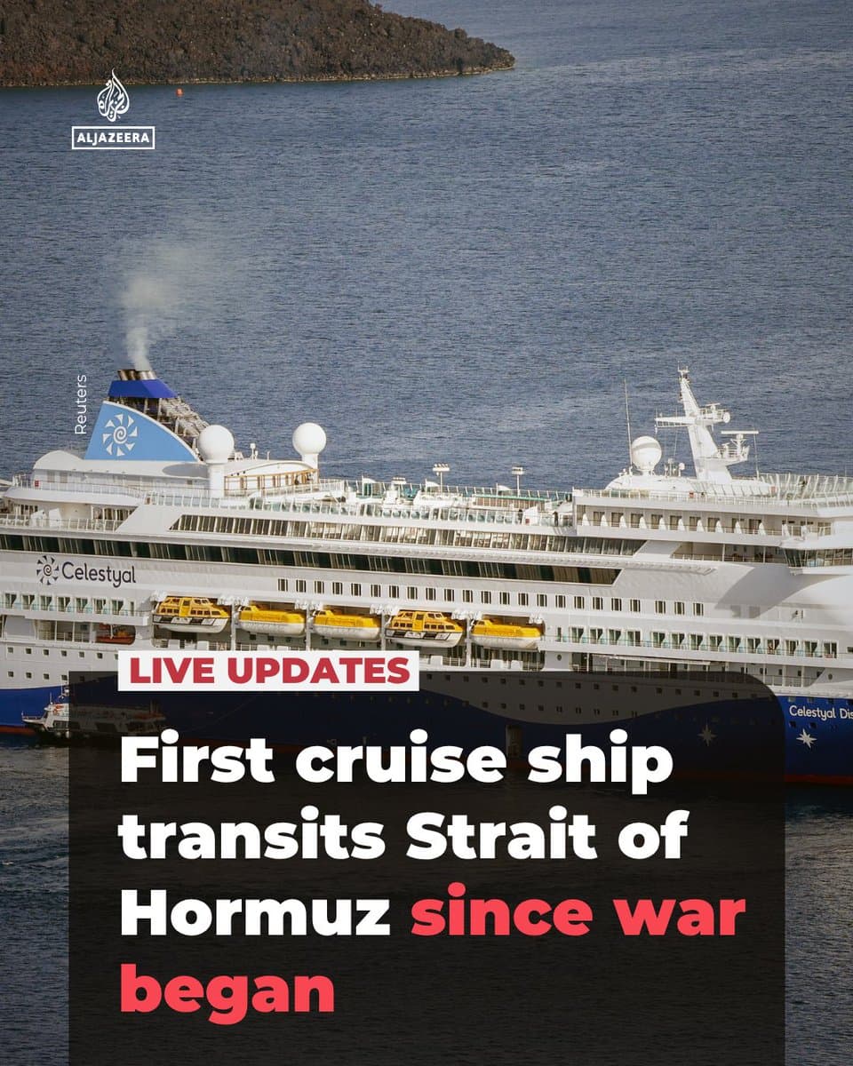 The first cruise ship with no passengers onboard has transited the Strait of Hormuz since the US-Israel war on Iran began, according to MarineTraffic. 🔴 LIVE updates: pic.