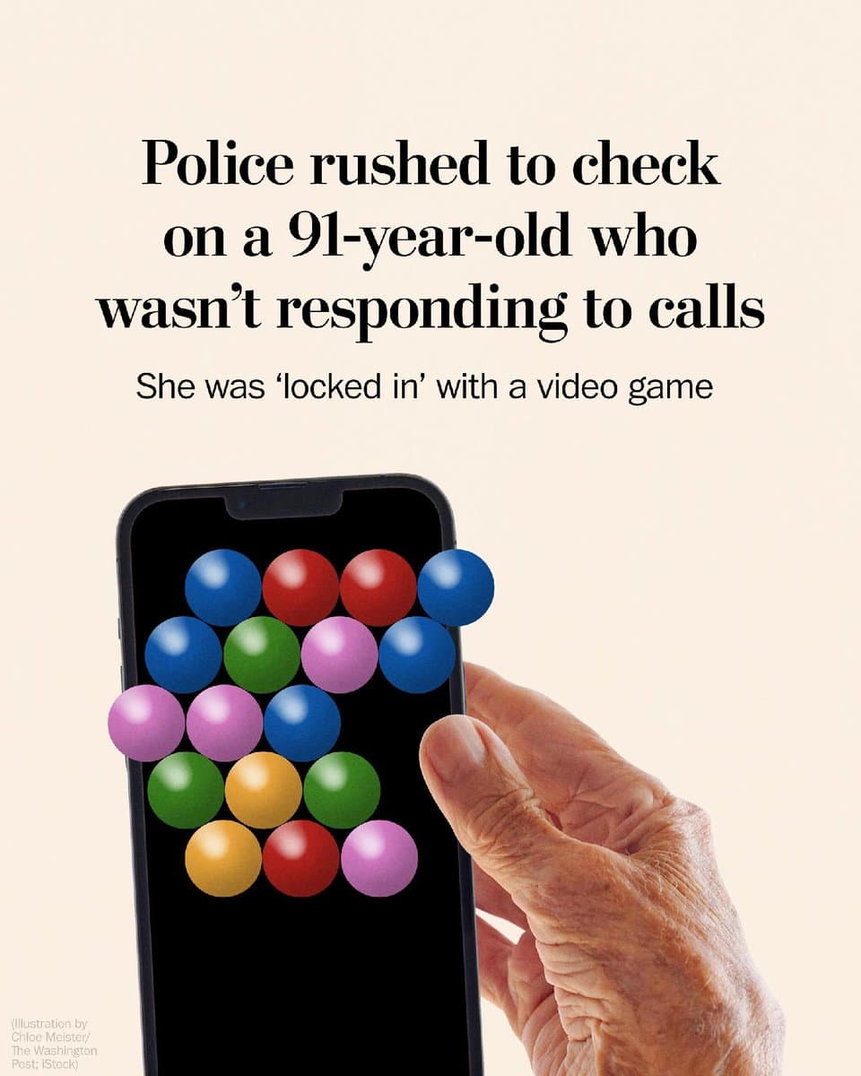 When a 91-year-old woman didn’t answer a daily welfare check for residents who live alone, police went to her home. The woman was absorbed in what officers said was a “bubble pop” game on her phone. She was “locked in” to beat her previous high score. pic.