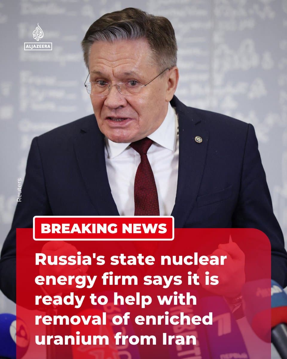 RT by @AJEnglish: BREAKING: The head of Russia's state atomic energy company, Rosatom, Alexei Likhachev, says that Rosatom is ready to help with the removal of enriched uranium from Iran, reports Reuters. pic.